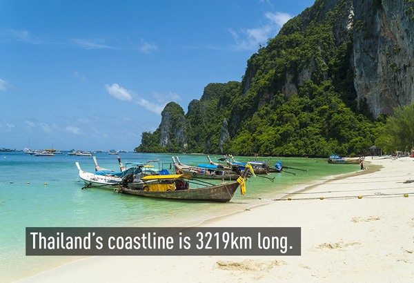 Thái Lan sở hữu đường bờ biển dài 3219 km.Trong đó, bờ biển Bắc nằm sâu trong vịnh Thái Lan, còn phần dài nhất nằm ở phía Nam Thái, đoạn tiếp giáp với Malaysia và Myanmar với nhiều đảo nghỉ dưỡnglớn nhỏ, phong cảnh nên thơ. Nổi tiếng nhất là Phuket, nằm phía Ấn Độ Dương. Thái Lan sở hữu đường bờ biển dài 3219 km.Trong đó, bờ biển Bắc nằm sâu trong vịnh Thái Lan, còn phần dài nhất nằm ở phía Nam Thái, đoạn tiếp giáp với Malaysia và Myanmar với nhiều đảo nghỉ dưỡnglớn nhỏ, phong cảnh nên thơ. Nổi tiếng nhất là Phuket, nằm phía Ấn Độ Dương.